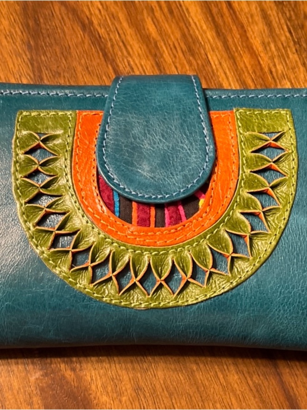 Teal Leather Women’s Wallet with Green and Orange Accent